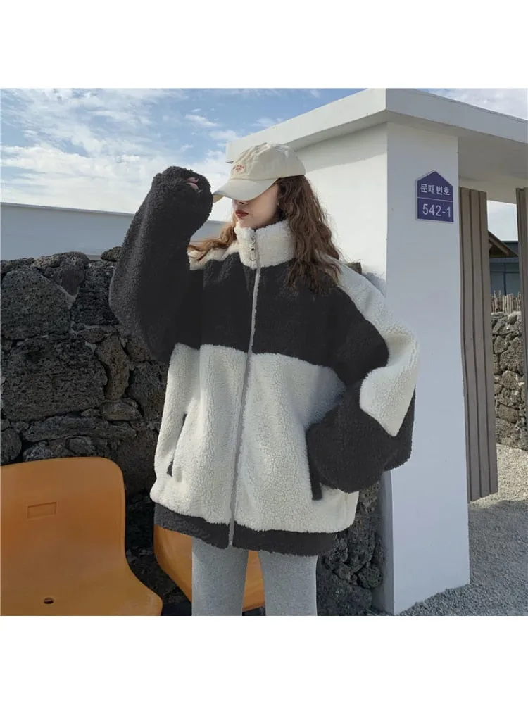 Romildi Harajuku Women Lambswool Jackets Oversized Korean Style Streetwear Fleece Hoodie Female Winter Oversized Velvet Coats