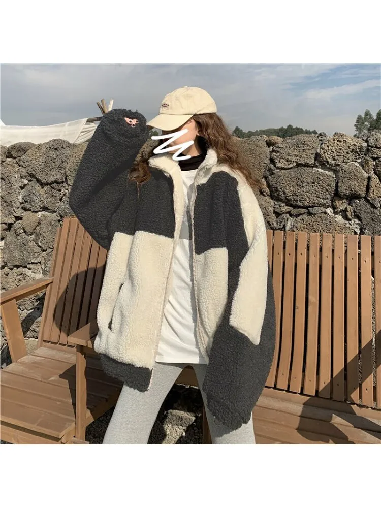 Romildi Harajuku Women Lambswool Jackets Oversized Korean Style Streetwear Fleece Hoodie Female Winter Oversized Velvet Coats