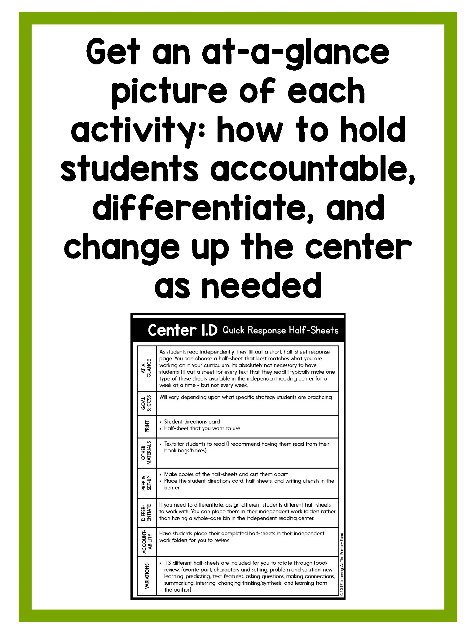 Second Grade Independent Reading Center Supplementary Materials