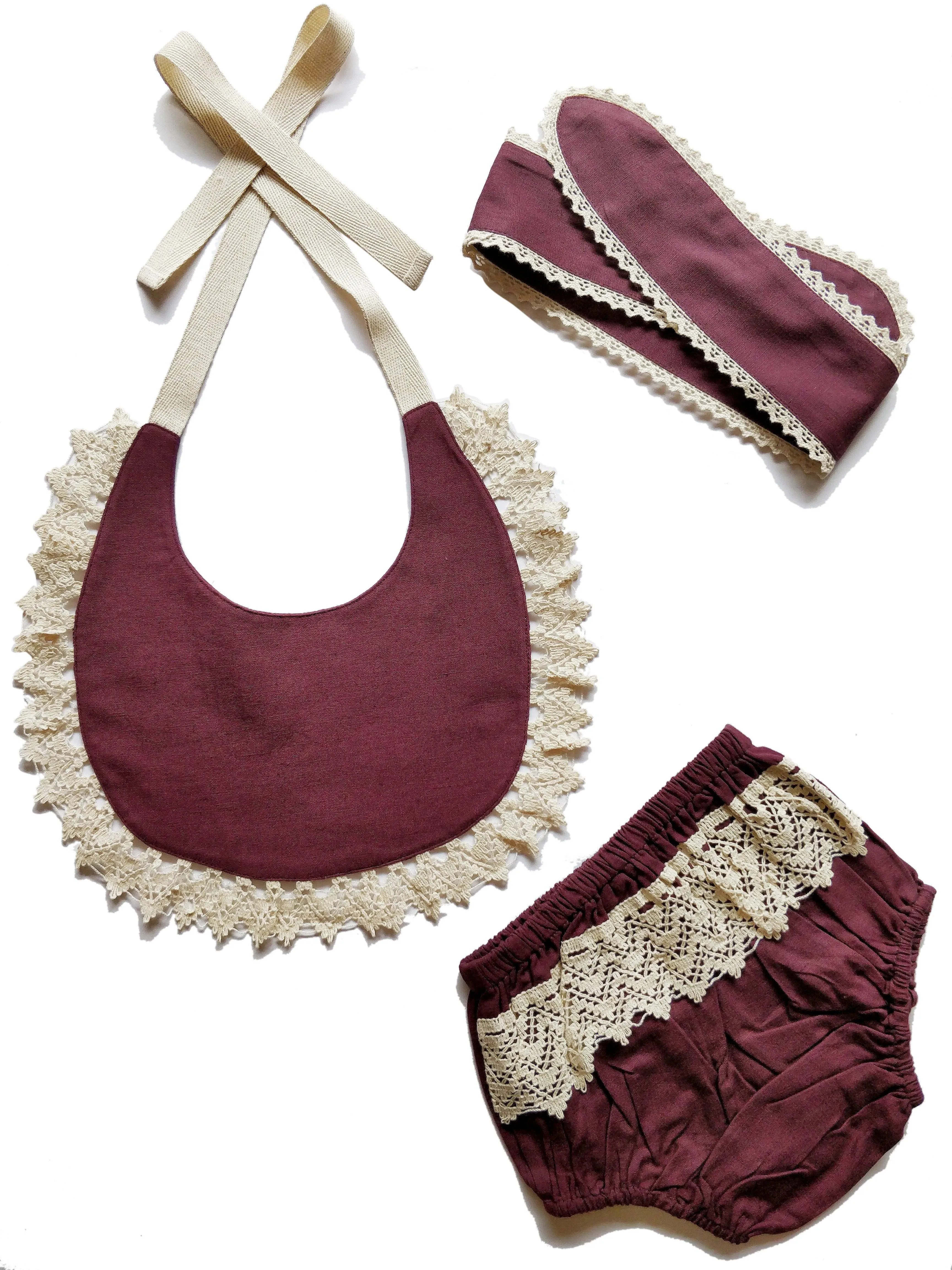 Set of 3 - Crochet Diaper Cover with Matching Bib & Headband in Burgundy
