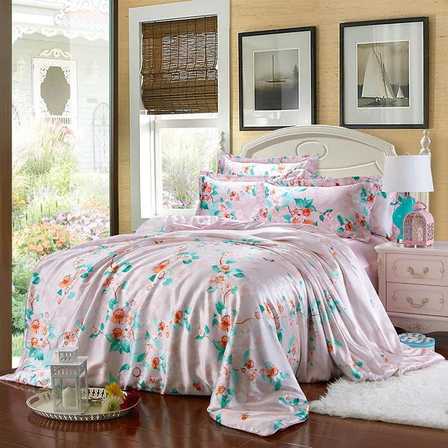 Summer Bedding set imitated Silk bed linens 4pcs luxurious bedclothes Green sheet pillowcase & duvet cover adult bed set queen