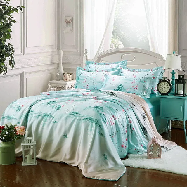 Summer Bedding set imitated Silk bed linens 4pcs luxurious bedclothes Green sheet pillowcase & duvet cover adult bed set queen