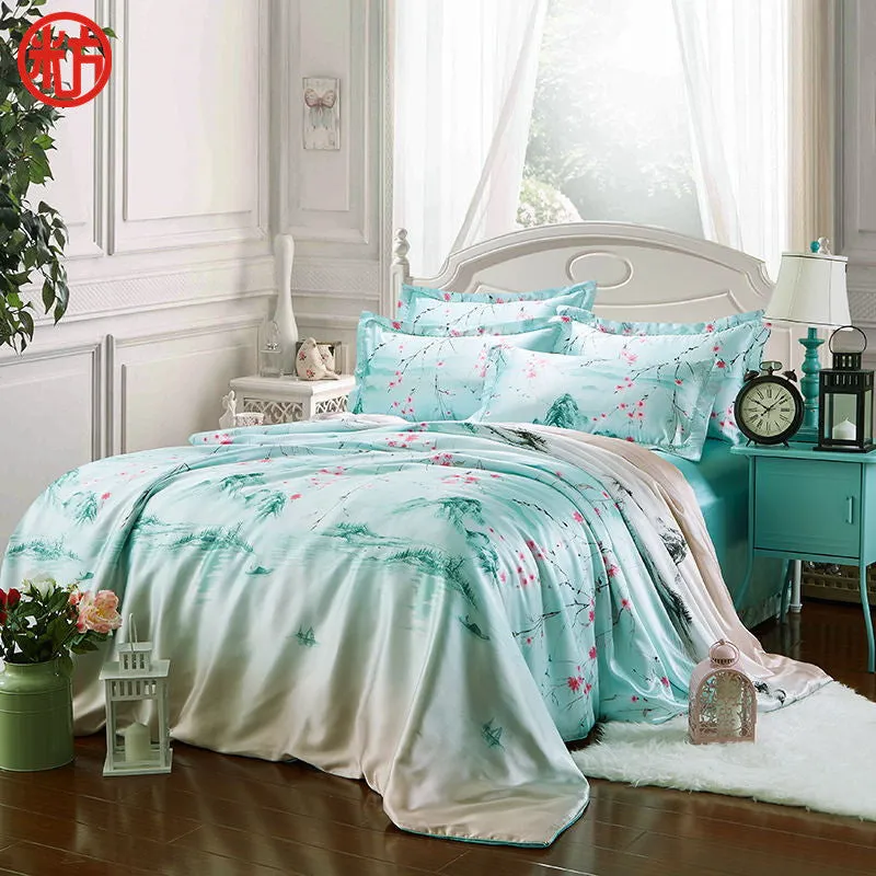 Summer Bedding set imitated Silk bed linens 4pcs luxurious bedclothes Green sheet pillowcase & duvet cover adult bed set queen
