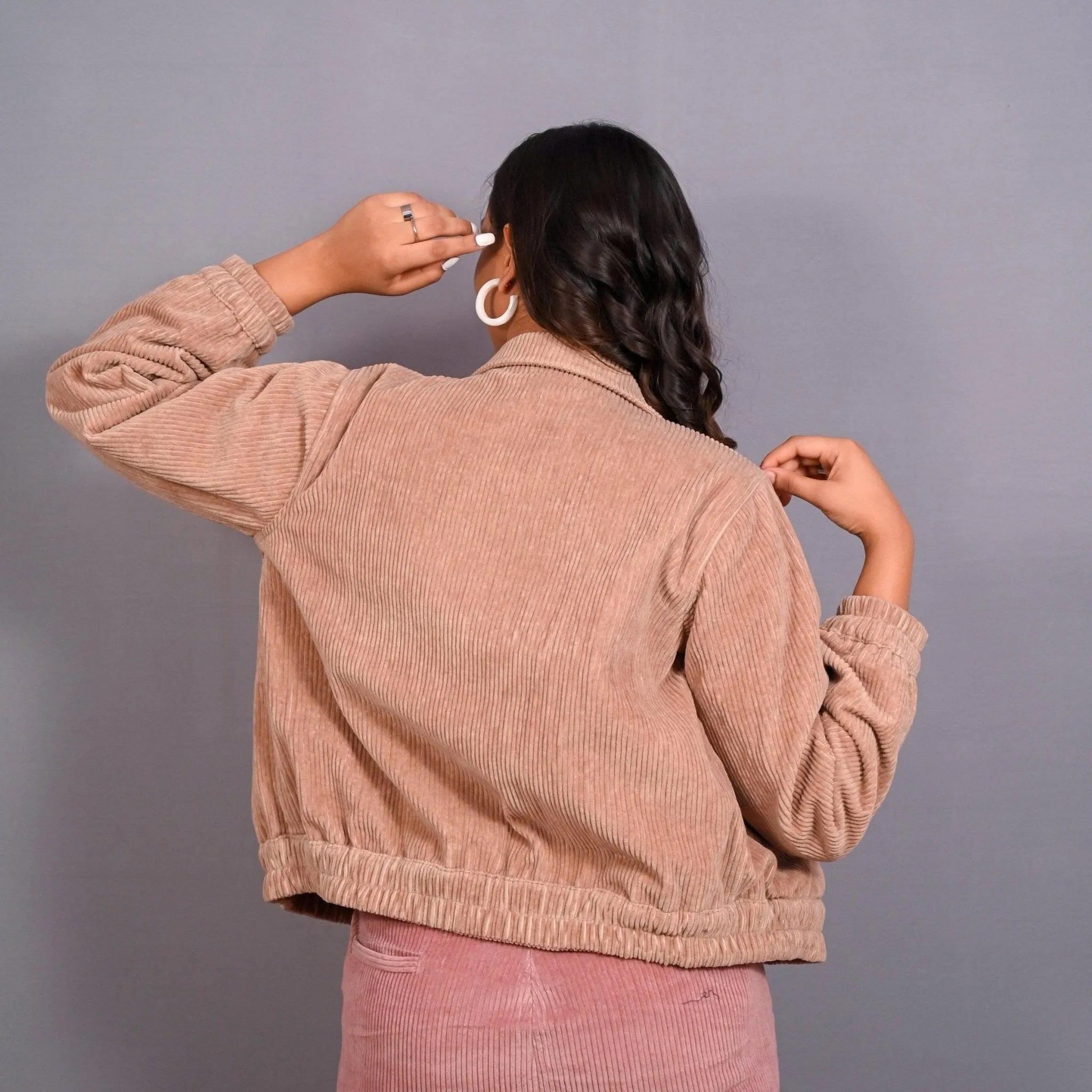 Taupe Warm Cotton Corduroy Short Bomber Jacket