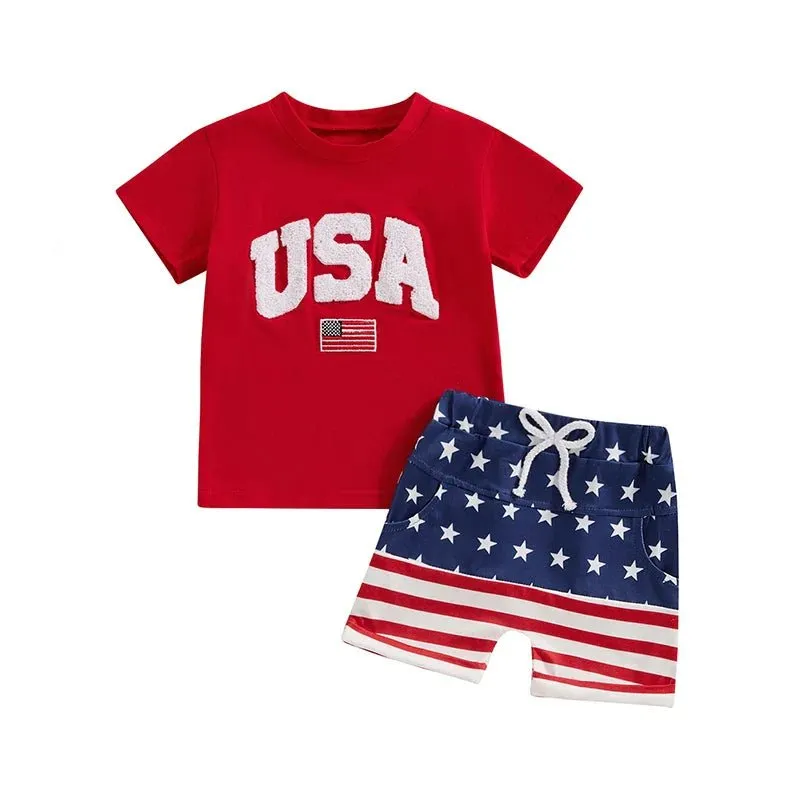 Toddler Baby Boy 2Pcs 4th of July Outfit USA Letter Print O-Neck Short Sleeve TopsElastic Waist Stars and Stripes Flag Shorts Summer Outfit Set