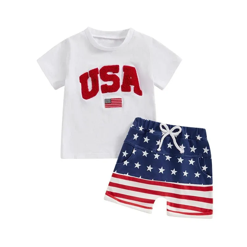 Toddler Baby Boy 2Pcs 4th of July Outfit USA Letter Print O-Neck Short Sleeve TopsElastic Waist Stars and Stripes Flag Shorts Summer Outfit Set