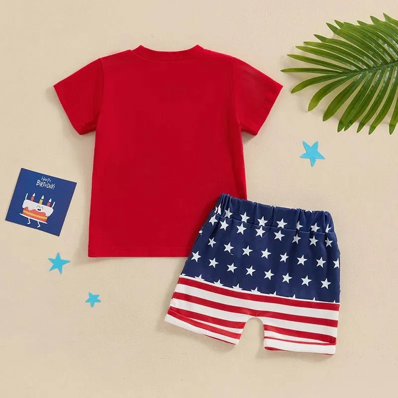 Toddler Baby Boy 2Pcs 4th of July Outfit USA Letter Print O-Neck Short Sleeve TopsElastic Waist Stars and Stripes Flag Shorts Summer Outfit Set