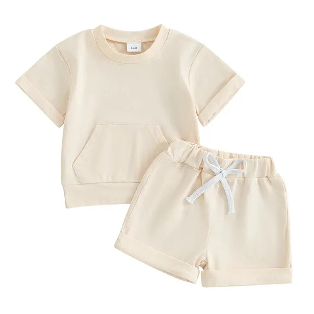 Toddler Infant Boys 2 Piece Outfits Solid Color Short Sleeve Pocket T-Shirt and Elastic Shorts Summer Baby Boy Clothes Set