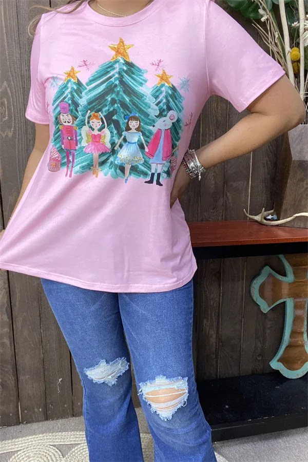 XCH15752 Dancing girls w/stars&trees printed baby pink short sleeve women tops