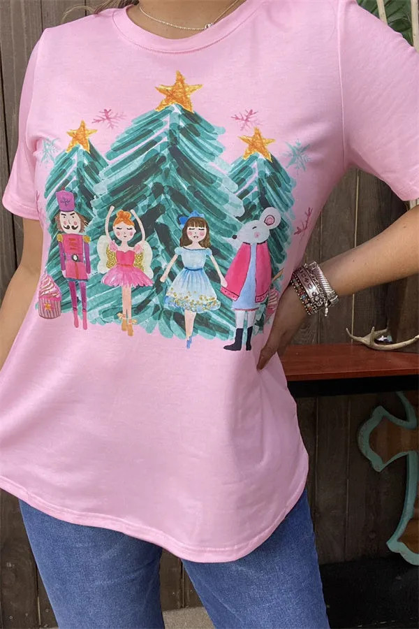 XCH15752 Dancing girls w/stars&trees printed baby pink short sleeve women tops
